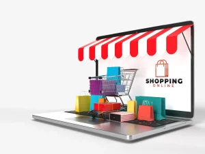 shopping cart shopping bags product box put laptop which is online shop store internet digital market concept marketing digital marketing